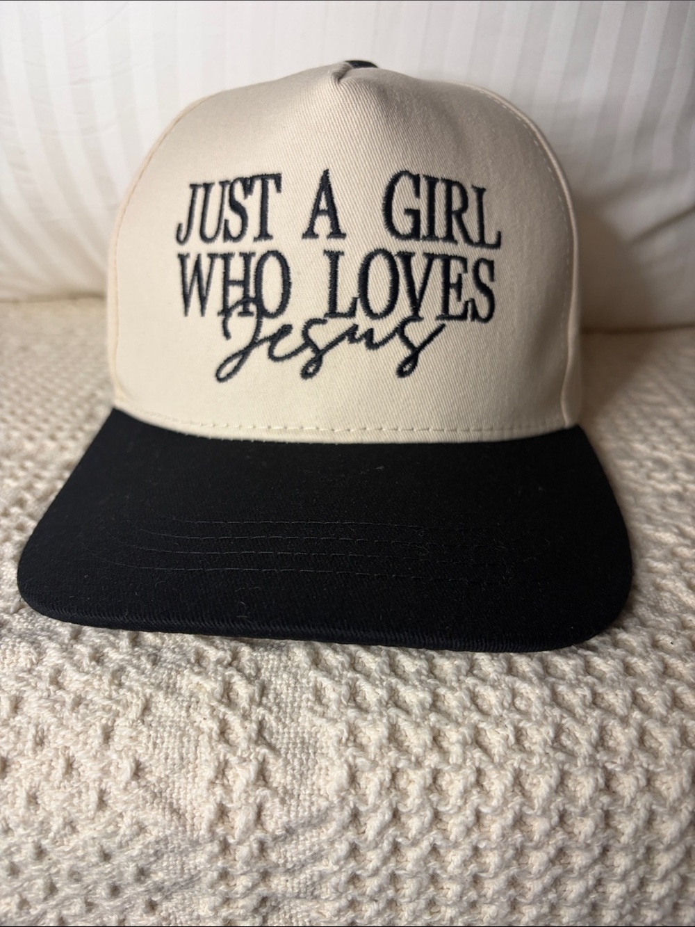 Just A Girl Who Loves Jesus Two-Tone Baseball Cap - Black & Cream